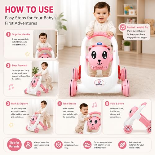 Image of Mommers Baby Walker Musical Push Support with Wheels & Handle | Cute Design Activity Walker for Toddlers | Balanced Wheels Walker | Indoor Play