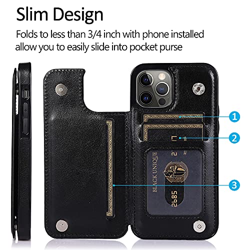 Image of uCOLOR for iPhone 12 /12 Pro Wallet Case with Card Holde Black Daisy Floral | PU Leather RFID Blocking for Women Men Magnetic Clasp Kickstand 6.1 inch