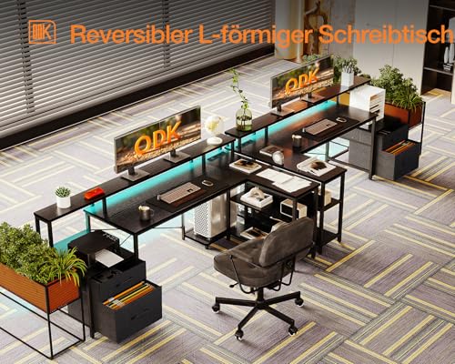 ODK Schreibtisch mit Schubladen, 172.5×100cm Reversibel Eckschreibtisch Groß mit 2 Steckdosen&USB Ladeanschluss, Schreibtisch L Form mit Stauraum, Gaming Tisch mit LED für Homeoffice, Schwarz