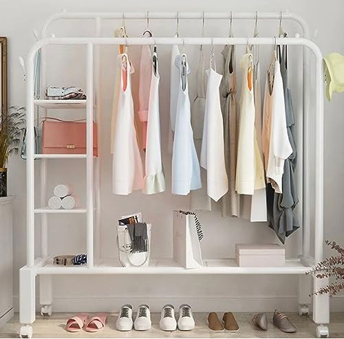 Image of HomeCloud Cloth Drying Stand | Multipurpose Dual Rod + Wheels Garments Rack with Bottom Shelf for Coat Hanger Home, Storage Organizer 1pc (White Shelves)