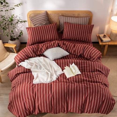 Image of BESTOUCH Striped Cotton Duvet Cover Set Linen Feel King | 100% Washed Cotton, Soft Wrinkle Texture, Hidden Zipper, 8 Ties, Breathable Lightweight Durable Comfy, 3 Pcs No Insert
