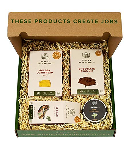 a gift box of four soup mixes sitting on a kitchen counter