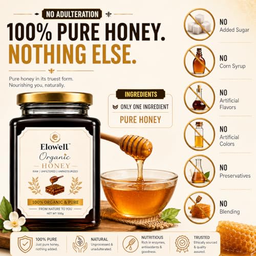 Image of ELOWELL Raw Organic Honey (500g) - Pure Honey, Unprocessed, 100% Natural | Own Farm Sourced | Natural Ingredients | Antioxidants | Supports Immunity | No Added Sugar | Premium Storage | Daily Wellness