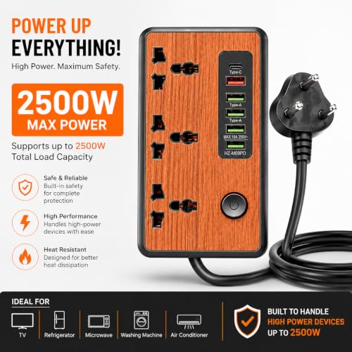Image of MD Proelectra Premium Wooden Finish Extension Board with 3 Universal Sockets, 5 USB Ports, 1 Type-C, 2500W Power Strip with LED Display and Master Switch, Multi Plug Board for Home & Office