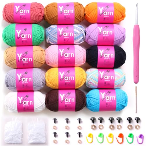 Sekafris 15x50g cotton yarn for crocheting-mercerized cotton yarn for knitting crochet kit for beginners multicolor chunky yarn bundle thick yarn for crochet knitting amigurumi yarn bulk