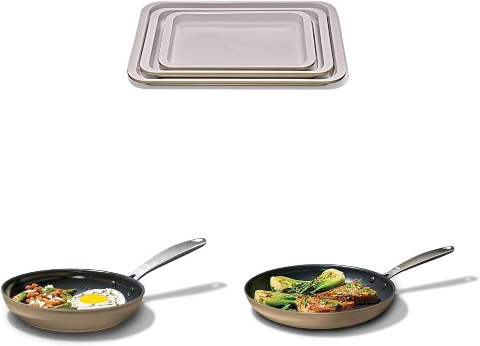 OXO Enhanced 5 Piece Cookware & Bakeware Set, 8” and 10” Frying Pan Skillets, 3 Piece Baking Sheet Pans, PFAS-Free Ceramic Nonstick Ovenware, Dishwasher & Oven Safe, Biscuit Brown