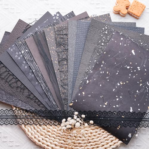 LewuwoPoing 15Pcs Handmade Scrapbook Art Paper Craft Textured Paper Colorful A5 sheet Mesh Special Mix for Scrapbooking Junk Journal Journaling Supplies DIY Materials,5.8x8.2 inches (Black)