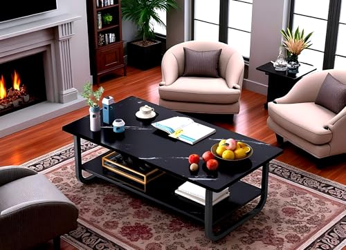 Image of Coffee Table 2 Tier, Storage Open Shelf Metal Base Marble Look Pattern Engineered Wood Center Table for Living Room, Industrial Farmhouse Metal Rectangle Cocktail Table (Black)