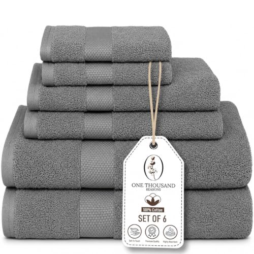 Premium Staple Cotton Bathroom Towel Set - Gray 600 GSM 6-Piece Luxury Bath Towel Set 1 Stripe - 2 Bath Towels 2 Hand Towels & 2 Washclothes Set - High Absorbent & Quick Dry for Gym Spa Hotel