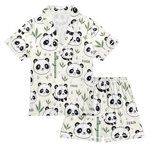 ALAZA Cute Panda Tree Animal Pajamas Satin Pajama Set Short Sleeve Button Down Sleepwear