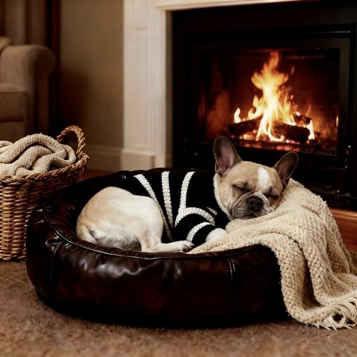 Image of Small Dog Sweater with Zipper, Knitted Striped Pullover Dog Clothes for Cold Weather, Thick Warm Cozy Stretchy Sweater for Chihuahua, Bulldog, Dachshund, Pug(Black & White Strip, L)