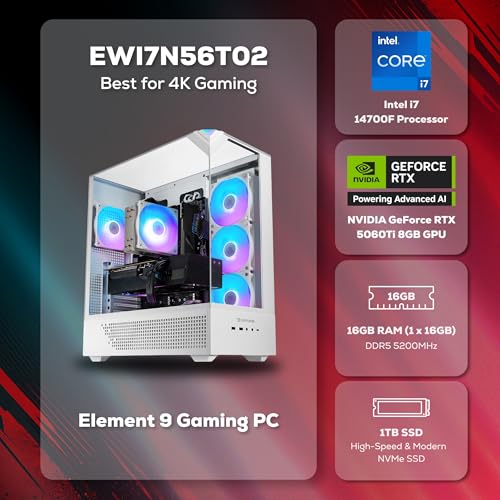 Image of iBUYPOWER Element Gaming PC Desktop Computer Intel Core i7 14700F CPU, NVIDIA GeForce RTX 5060Ti 8GB GPU, 16GB DDR5 RGB 5200MHz RAM, 1TB NVMe SSD, Windows 11 Home, Gamer Keyboard and Mouse- EWI7N56T02
