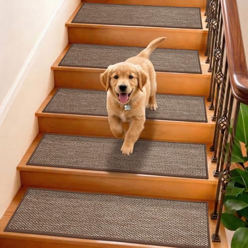 BONACA Linen Stair Treads Non Slip Indoor 36x9 Inch, 15 Pcs Upgraded Stair Carpets, Peel and Stick Stair Runner Rugs for Wooden Steps with Reusable Anti Slip Self-Adhesive Backing (Brown). by BONACA - Used condition - CA$68.42