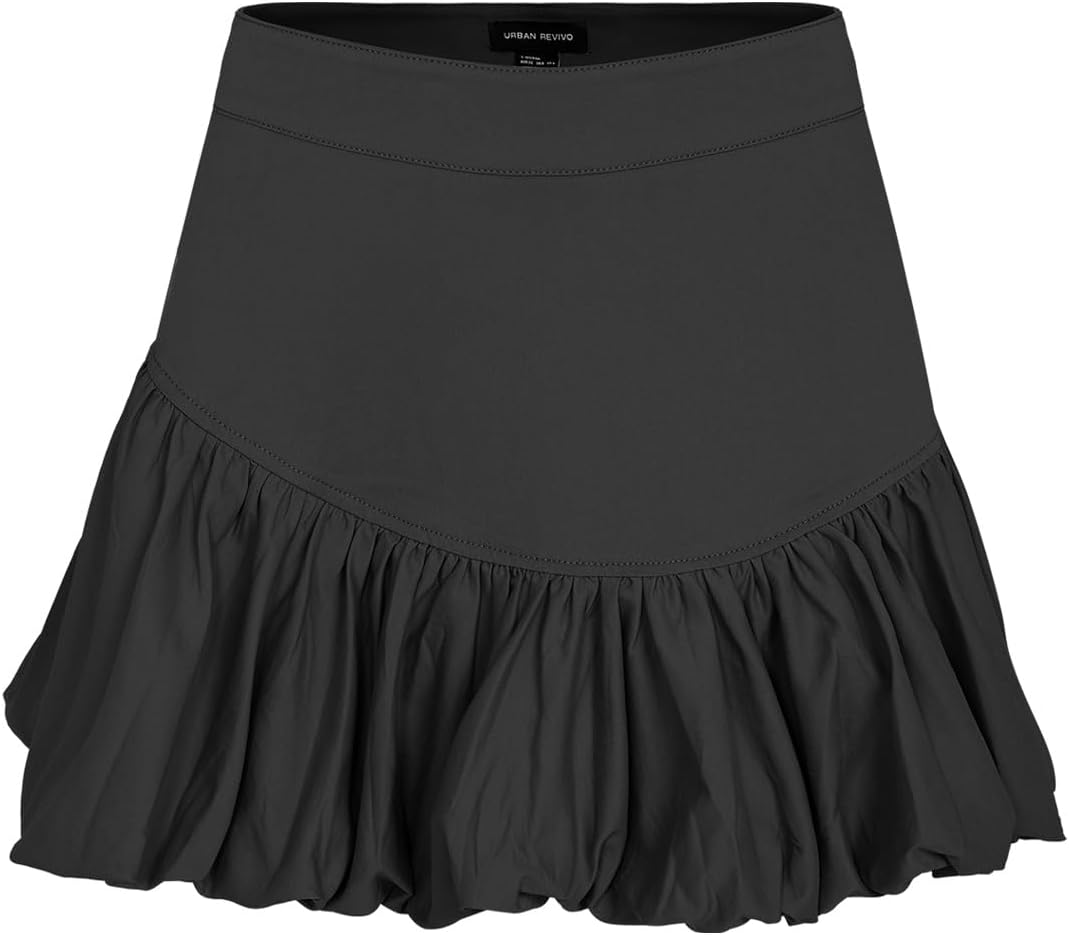 URBAN REVIVO Women Bubble Mini Skirts Balloon High Waist Ruffle Hem Summer Puffy Cute A-Line Sexy Y2K Skirt