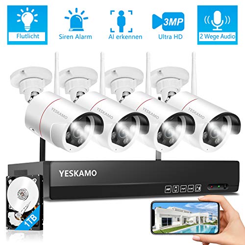 YESKAMO Überwachungskamera Set Flutlicht Aussen WLAN,3MP WiFi IP Cameras mit 8CH NVR Überwachungssystem mit 1TB HDD für Hausalarmanlagen mit AI PIR Erkennung,farbig Nachtsicht,Zweiweg Audio&Aufnahme