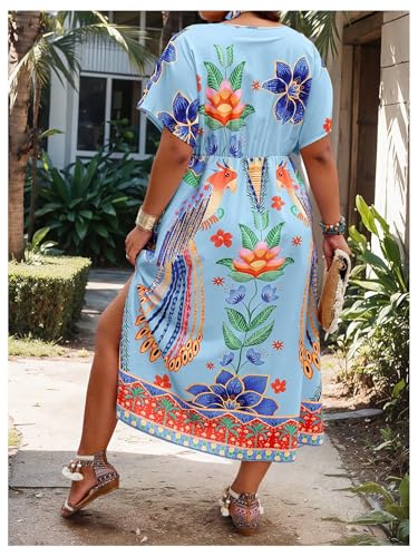 Image of Floerns Women's Plus Size Tribal Print Dolman Sleeve Slit Summer Maxi A Line Dress
