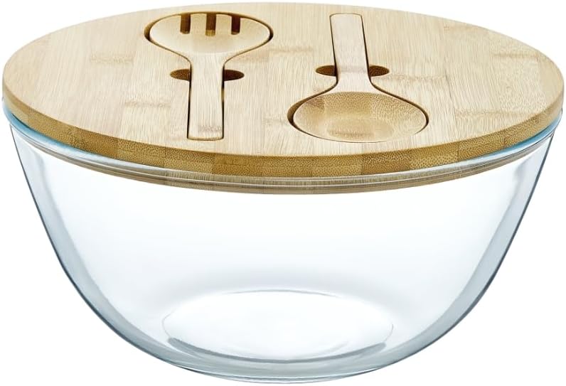 JOYMAY Glass Salad Bowl, 10.7inch Salad Bowl with Lid Thick Glass Mixing Bowls Serving Bowls, 4.7 Quart Large Salad Bowls with Bamboo Utensils, Trifle Bowl Fruit Bowl for Salad, Pasta, Microwave Safe - Image 8