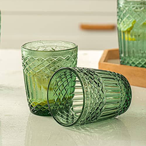 INSETLAN Vintage Green Drinking Glasses Set of 4 Large, Embossed Pattern Water Glassware, Vintage Glassware Glass Cups Set, Ripple Drinkware, for Water,Juice,Beverages,Cocktail,Soda (10 oz Green)