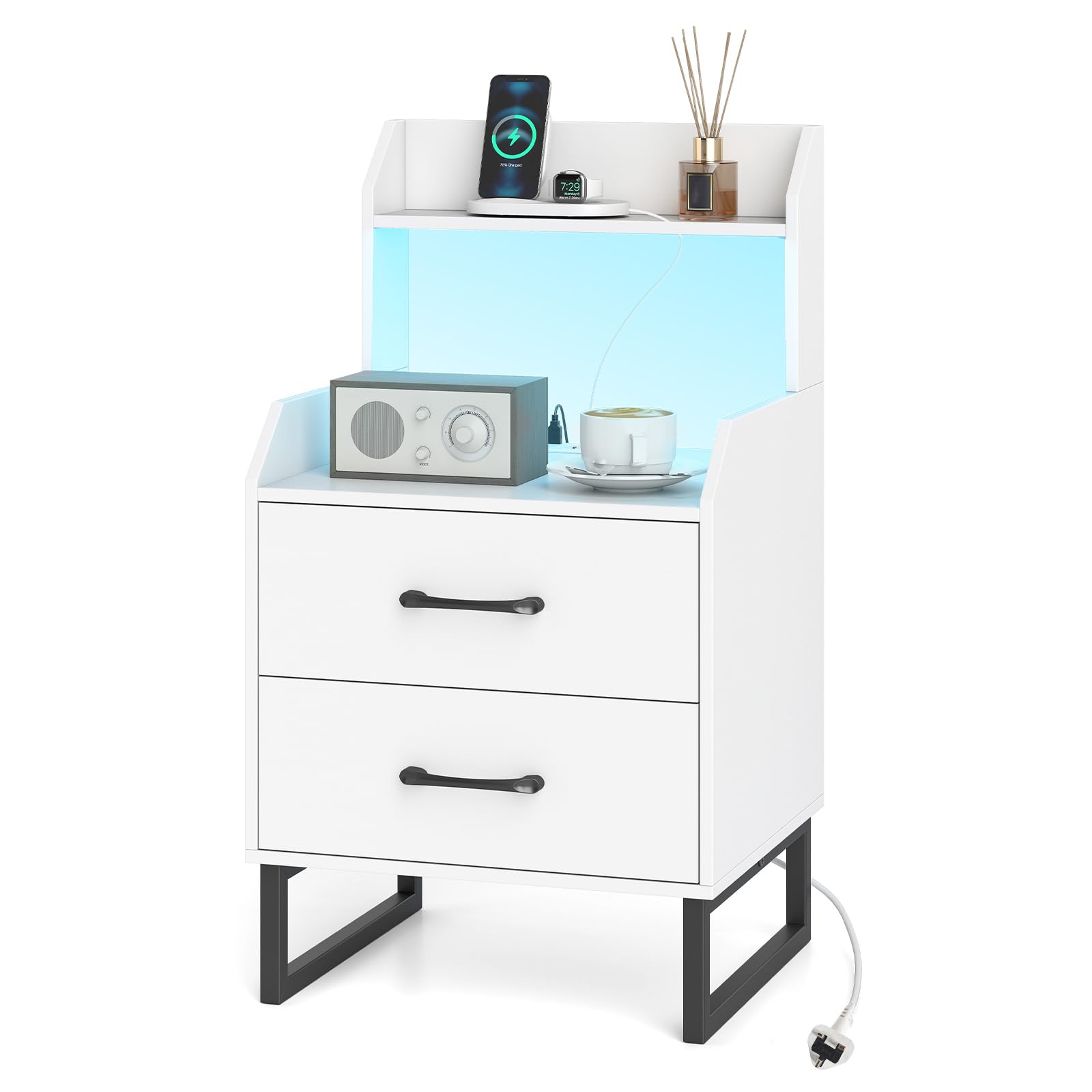 COSTWAY Bedside Table with LED Lights and Charging Station, Smart Nightstand End Sofa Side Table with 2 Drawers, Storage Shelf & Metal Legs, Bedside Cabinet Chest for Living Room Bedroom (1, White)