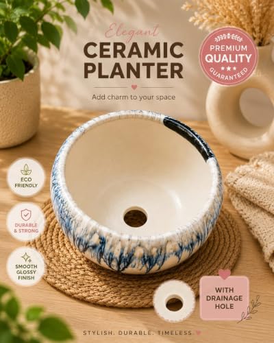 Image of Ceramic Plant Pots, Clay Flower Pot with Drainage Hole, Decorative Modern Indoor Planters, Home Garden Decor for Living Room Bedroom Interior| Set of 1 (Blue)