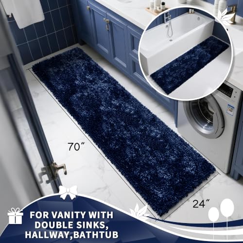 Image of Yimobra Long Bathroom Rugs Runner 70x24 Inch, Extra Thick Soft Absorbent Chenille Bath Mat, Non Slip Machine Washable, Quick Dry Bath Rugs for Bathroom Floor, Tub and Shower, Dark Blue