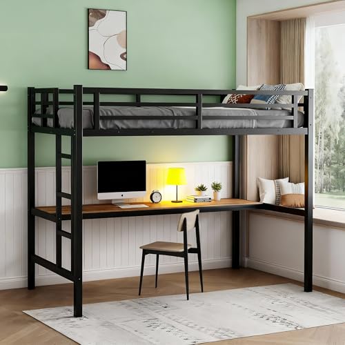 MAKIAAP Twin XL Size Metal Loft Bed with Desk & Ladder, LED Lights & Charging Station, Sturdy Noise-Free Frame for Kids, Teens & Adults, 350LBS, Space-Saving Design (Black, Twin XL)