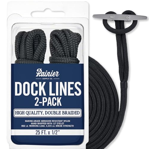 RainierSupplyCo Dock Lines 2-Pack - Boat Rope for Docking with Loop - 25 ft x 1/2 Inch Premium Double Braided Nylon Marine Rope - Mooring Line with 12