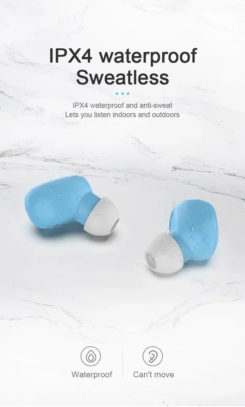 Blue A6S TWS Earbuds with water droplets, indicating IPX4 waterproof