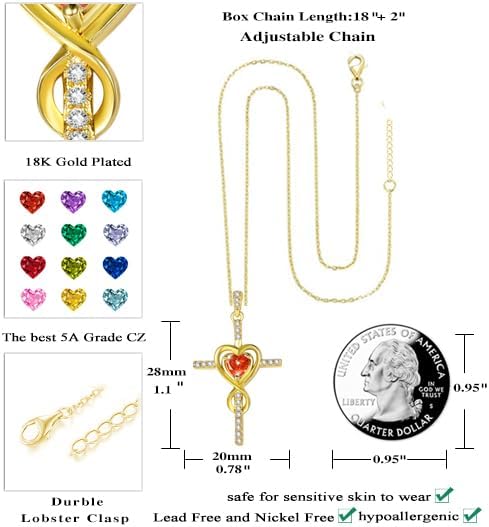 Cross Necklace for Women 14K Gold Plated Dainty Heart Birthstone Pendant Infinity Necklaces Religious Jewelry Christian Baptism Faith Anniversary Birthday Gifts for Wife Mom