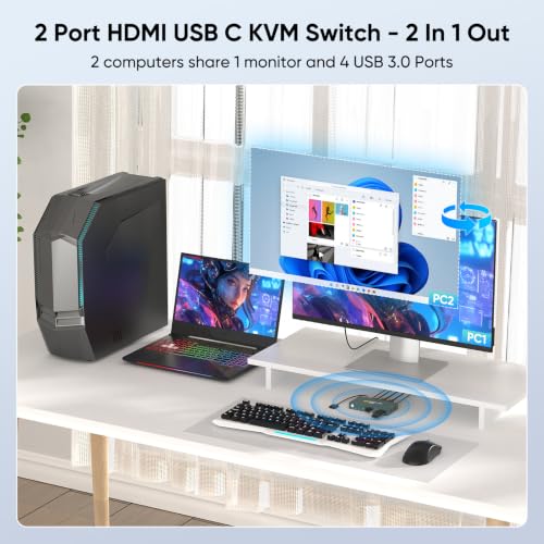 Image of Greathek HDMI USB C KVM Switch for 2 Computers, USB3.0 4K@60HZ Monitor Switch for PC /Laptop Sharing Keyboard& Mouse,with 4 USB Ports,EDID Supported