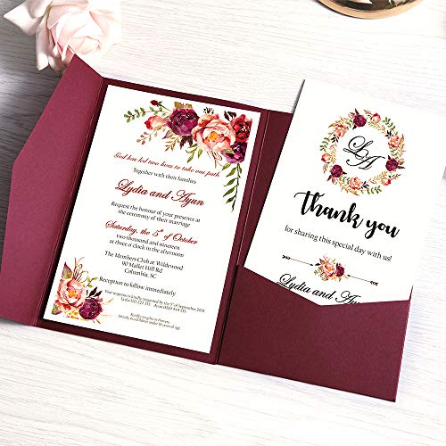 Doris Home 50Pcs Personalized Burgundy 4.7 X7.1Inch Tri-Fold Wedding Invitations For Bridal Shower/ Dinner/Party With Ribbon And Tags #TOP2
