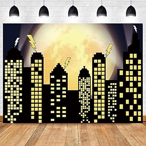 Superhero Super City Photography Backdrops Skyline Buildings City Boom Full Moon Bat Photo Background 5x3ft Vinyl Children Birthday Party Banner Photo Studio Booth Cake Table Decor Cover