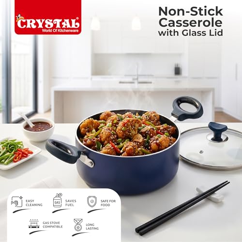 Image of Crystal Aluminium Non Stick Caserolle with Glass lid | PFOA Free | 320 mm | Blue