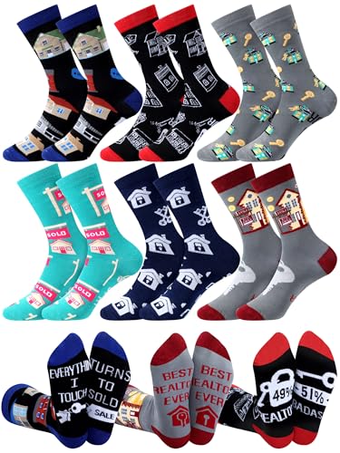 Berlune 6 Pairs Real Estate Agent Socks for Women Men Novelty Real Estate Agent Socks with House Key Sold Sign Patterns Christmas Holiday Gifts for Brokers