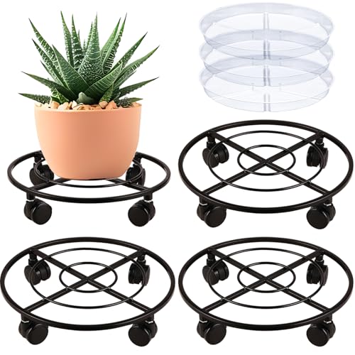 3 Packs Large Metal Plant Caddy 12" Heavy-duty Plant Dolly with PU Wheels Wrought Iron Rolling Plant Stand with Casters Indoor Outdoor Plant Pot Movers Planter Rollers Coaster Trolley, Black