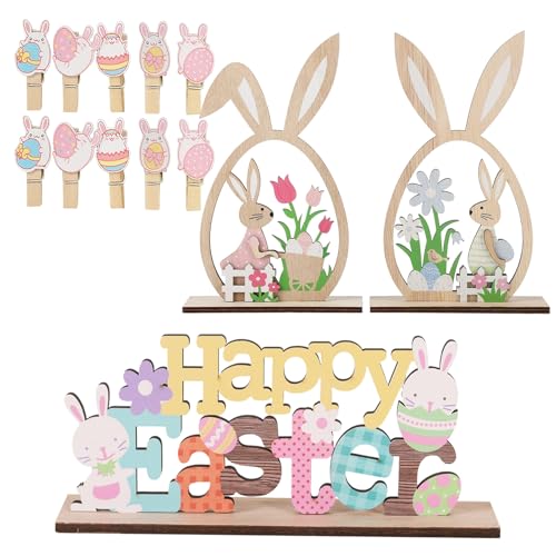 Apparlxer Easter Decorations Set 13Pcs Easter Table Decorations Standee Ornaments Include HappyEaster Bunny Pattern and Rabbit Egg Clip for Spring Home Office Decor