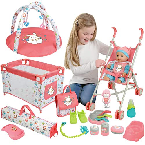 Liberty Imports Kids 18-Piece Newborn Talking Baby Doll Stroller Nursery Role Play Set w/ Playpen, Play Mat, Potty Training, Accessories (14