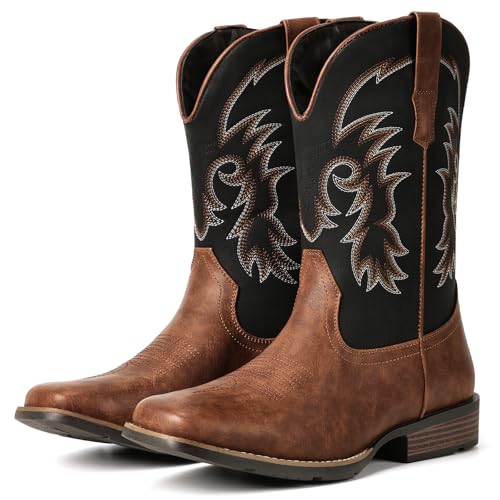 IUV Cowboy Boots For Men Square Toe Western Boots Pull-On Slip Resistant Boots with Classic Embroidery Durable Heel Country Boots for Casual & Work, Black Brown, 10.5
