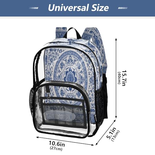 Blue and White Porcelain Style Clear Backpack - Stadium Approved Large 15.7-inch Waterproof Transparent Bag for Sports, Concerts, Work, Travel#4664