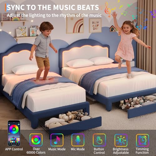 Image of GarveeHome Full Size Bed Frame with LED Headboard for Kids, Sherpa Upholstered Platform Bed Frame with Storage Drawer and Wood Slat Support, No Box Spring Required, Easy to Assemble (Blue, Full)