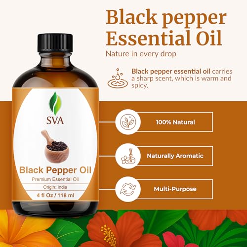 Image of SVA Black Pepper Essential Oil 4 Fl Oz - for Diffuser, Skin & Hair Care - Ideal for Massage & DIY Blends - with Dropper