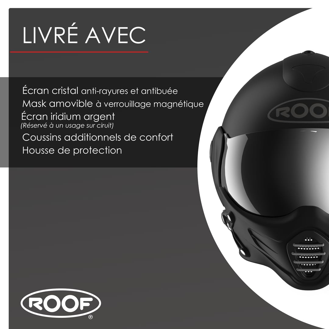 Casque Moto Jet Haut De Gamme ROOF Roadster en Fibre De Verre avec Mentonnière Amovible Magnétique Écran Iridium Inclus– Couleur Iron Noir Mat/Argent - Offre Directe Usine - Garantie 4 Ans