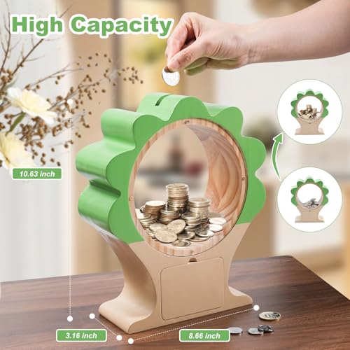 MUUYOOME Wooden Money Bank for Boys Girls Large Piggy Bank for Kid Adult, Cute Unbreakable Wood Money Box with Acrylic Clear Sides, Money Saving Box Jar Personalized Gifts, Summer-Green by MUUYOOME - Image 2