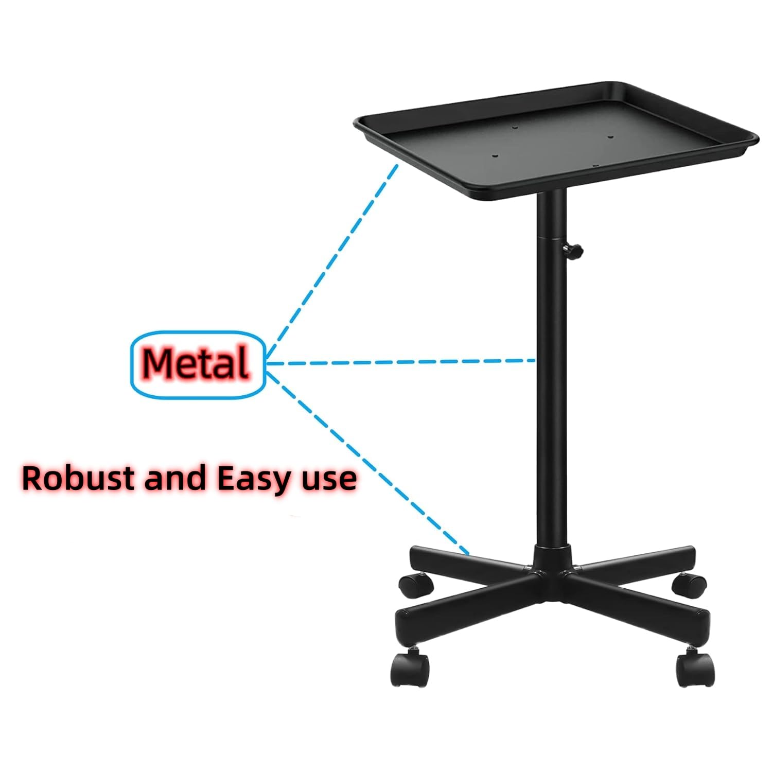 Bandeja de salón con ruedas, carrito de metal para salón de belleza, bandeja enrollable con altura ajustable, bandeja para dentistas, bandeja de tatuaje para uso en salón y spa 4