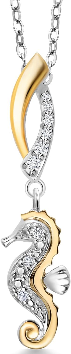 Gem Stone King 10K Yellow Gold and 925 Sterling Silver White Lab Grown Diamond Ocean Charm Pendant Necklace For Women with 18 Inch Chain
