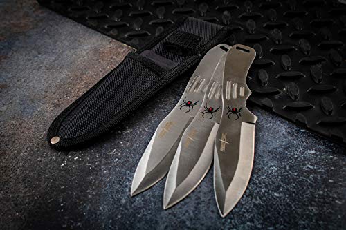 Perfect Point Throwing Knives – Set of 3 – Satin Finish Stainless Steel Blades and Handles w/ Spider Design, Nylon Sheath, Full Tang Construction, Well Balanced, Throwing Sport Knives – RC-179-3 - Thumbnail 4