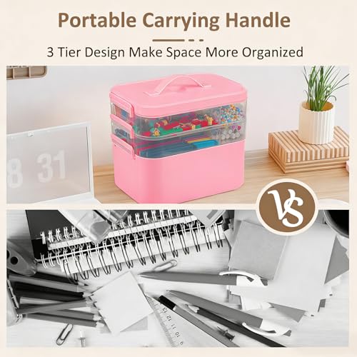 Image of Gifhomfix 3-Layer Plastic Craft Organizers and Storage Box with Removable Trays, Storage Containers with lids and Handle, Art Supply Storage Organizer for Bead, Ornament, Nail Polish, Tape(Pink)
