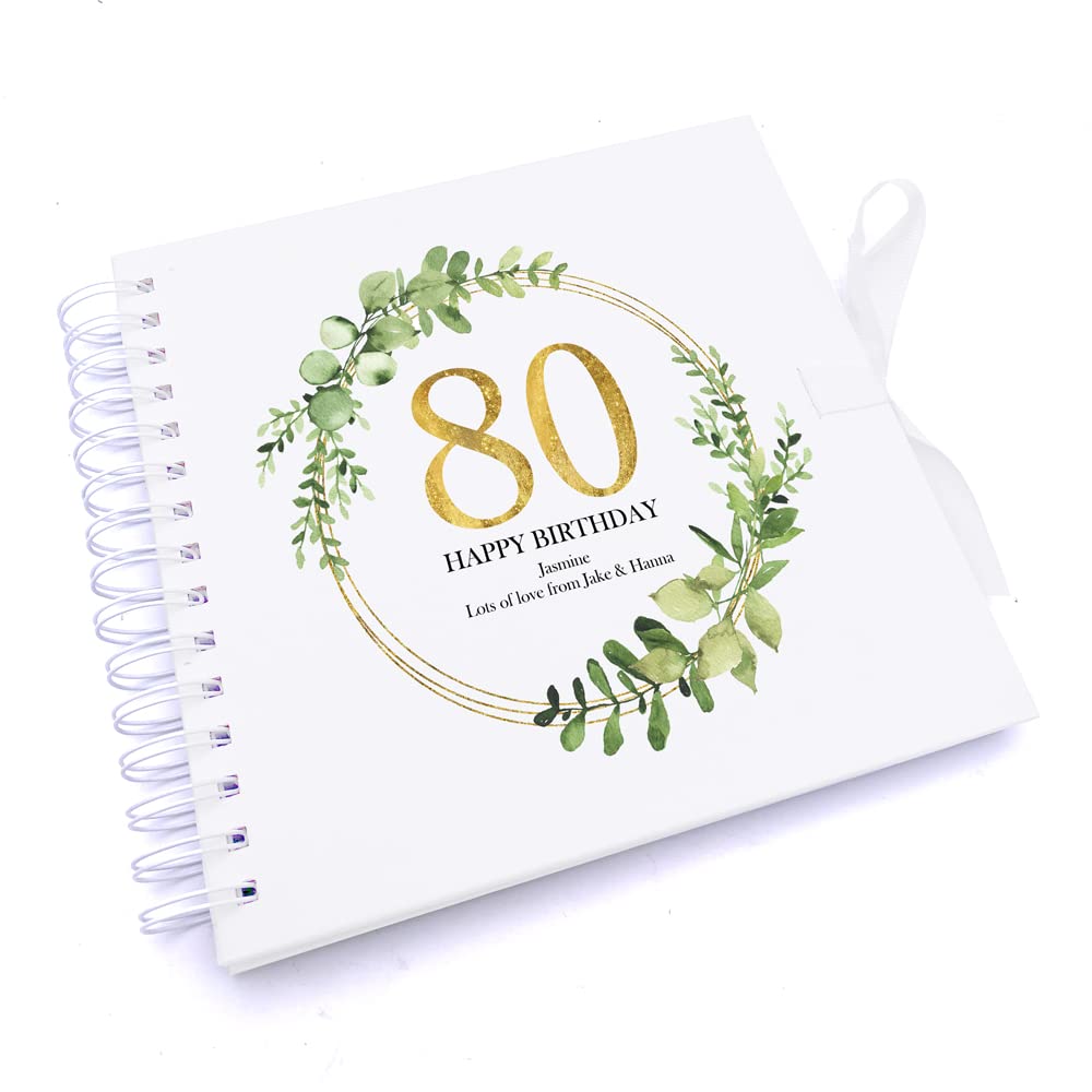 Ukgiftstoreonline White Personalised 80Th Birthday Gift For Her Scrapbook Photo Album Gold Wreath