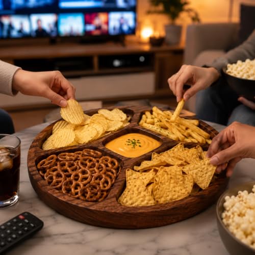 Image of Wooden Chip & Dip Platter for Snacks | Sheesham Wood Snack Serving Tray for Nachos, Snacks & Appetizers | Handcrafted in India