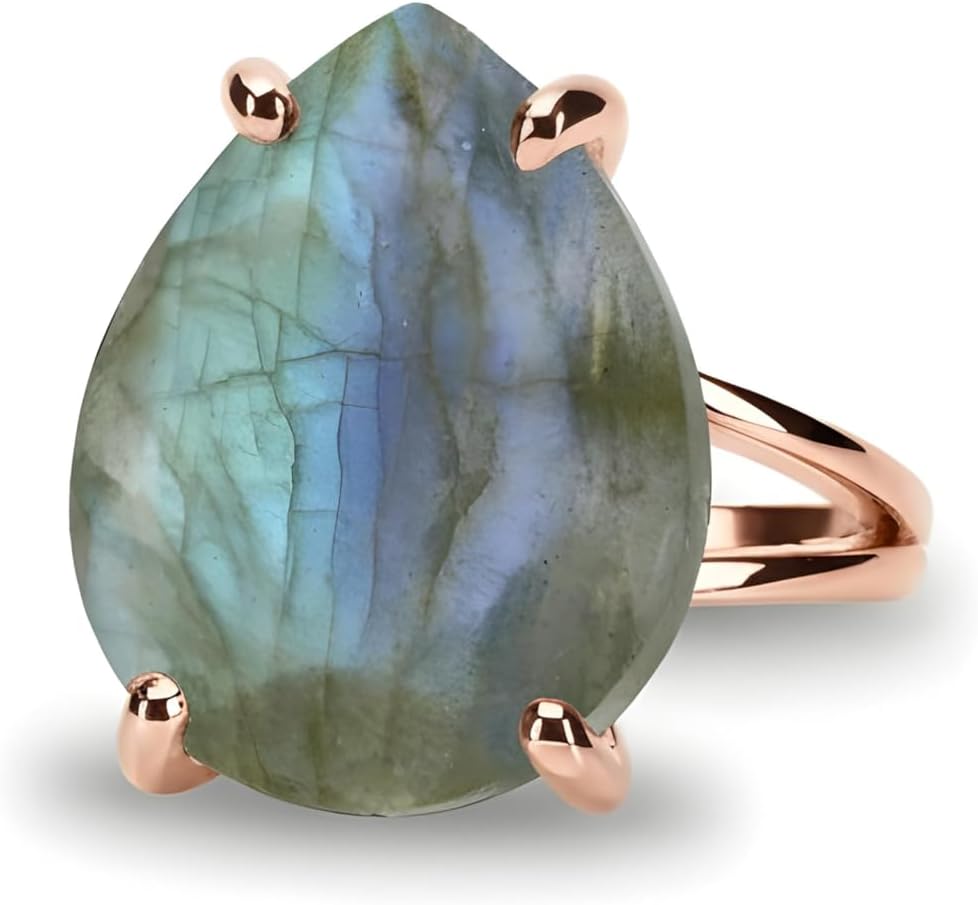 Rose Gold Labradorite Ring - Pear Cut Shifting Color Natural Stone with Blue Green Flash - Prong Set Gemstone Statement Jewelry for Women Seeking Bold Color Play